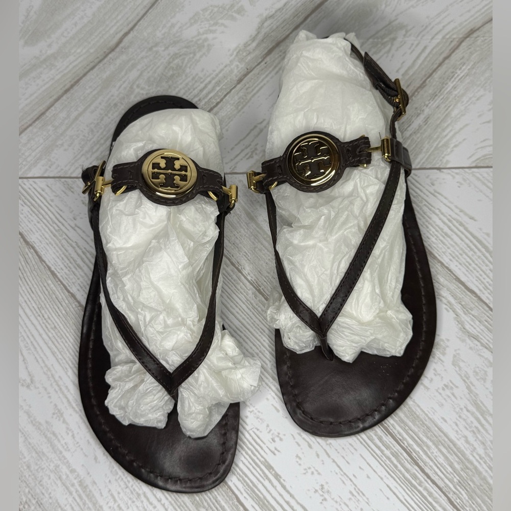 Tory Burch Brown Sandals with Gold Logo
